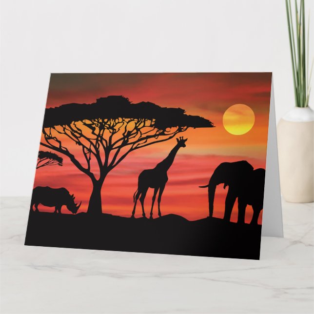 Tarjeta Elefante, jirafa y rinocerontes en África (Anverso)