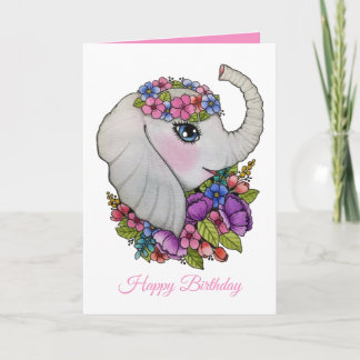 Tarjeta Elefante lindo y flores salvajes en acuarela