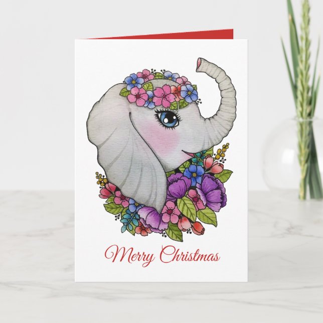 Tarjeta Elefante Lindo Y Flores Silvestres En Acuarela (Anverso)