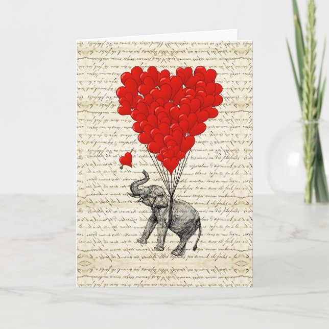 Tarjeta Elefante romántico y globos cardíacos (Anverso)
