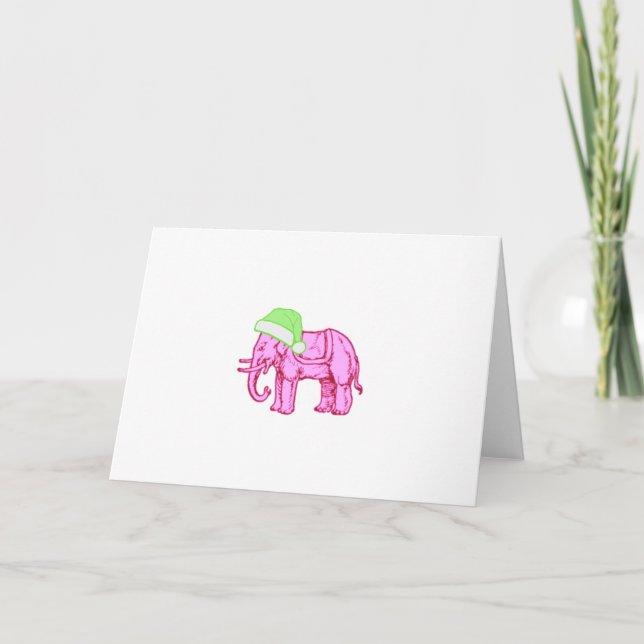 Tarjeta Elefante rosa con sombrero verde de Santa (Anverso)