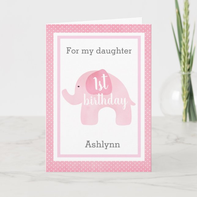 Tarjeta Elefante Rosa Hija de primer cumpleaños (Anverso)