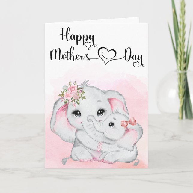 Tarjeta Elefante rosa lindo y Día de la Madre Infantil (Anverso)