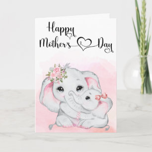 Tarjeta Elefante rosa lindo y Día de la Madre Infantil