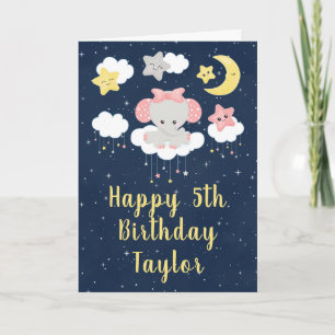 Tarjeta Elefante Rosa y Azul Marino Feliz Cumpleaños