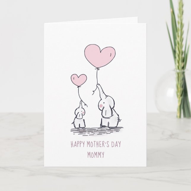 Tarjeta Elefantes del Día de la Madre, mamá y bebé (Anverso)