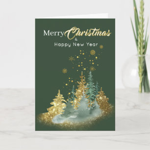 Tarjeta Elegancia de Navidad: árbol de pino verde y dorado