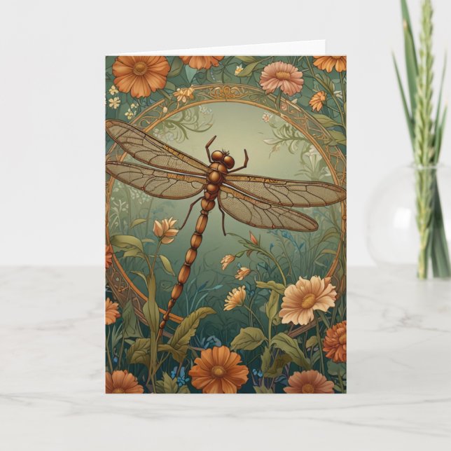 Tarjeta Elegant Art Nouveau Spring green Dragonfly (Anverso)