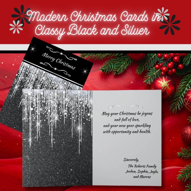 Tarjeta Elegant Black and Silver Sparkle Script Note (Elegant 5" x 7" sparkly silver and black Christmas cards with personalized greeting and message)