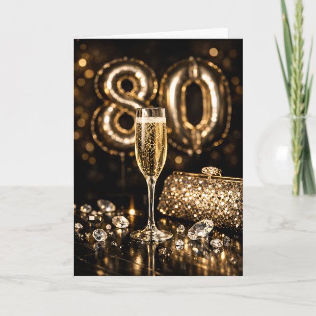 Tarjeta Elegant Black & Gold Champagne 80th Birthday (Anverso)