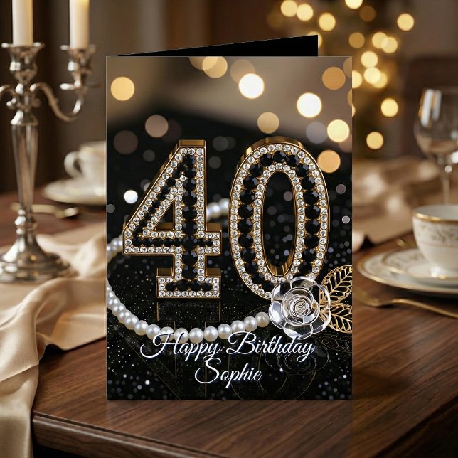 Tarjeta Elegant Black Gold Diamonds Pearls 40th Birthday (Subido por el creador)