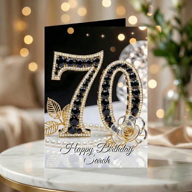Tarjeta Elegant Black Gold Onyx Pearl 70th Birthday (Subido por el creador)