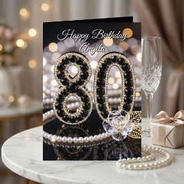 Tarjeta Elegant Black Gold Pearl Diamond 80th Birthday
