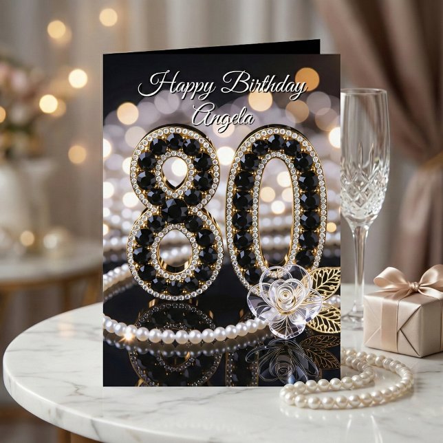 Tarjeta Elegant Black Gold Pearl Diamond 80th Birthday (Subido por el creador)