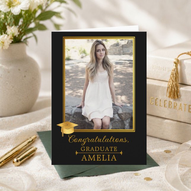 Tarjeta Elegant Black Gold Photo Graduation Congratulation (Subido por el creador)