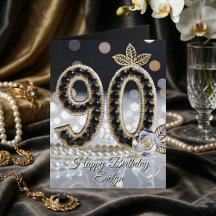Elegant Black Jewels Pearls And Gold 90th Birthday
