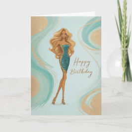 Tarjeta Elegant Blonde in Teal Gold Glam Gown Birthday