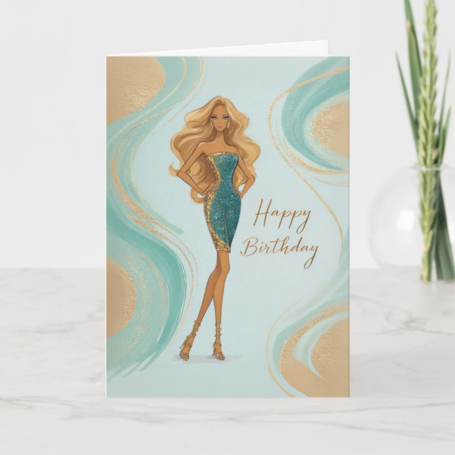 Tarjeta Elegant Blonde in Teal Gold Glam Gown Birthday (Anverso)