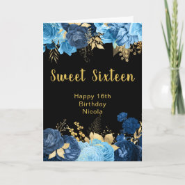 Tarjeta Elegant Blue and Gold Flowers Sweet Sixteen