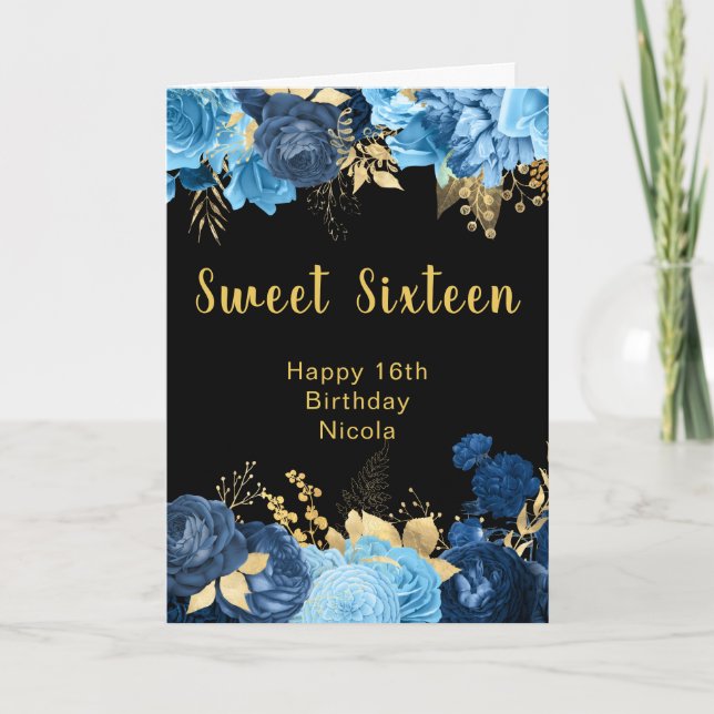 Tarjeta Elegant Blue and Gold Flowers Sweet Sixteen (Anverso)