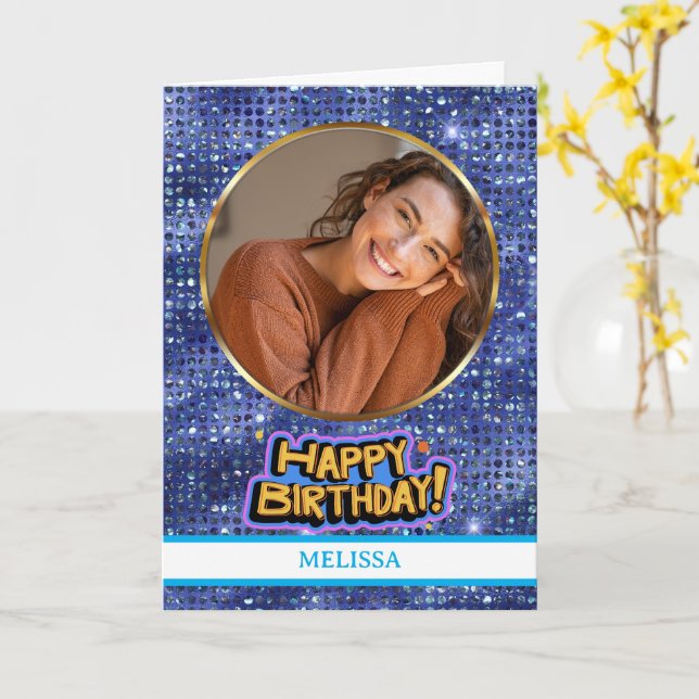 Tarjeta Elegant Blue and Gold Glitter Photo Name Birthday (flor amarilla)