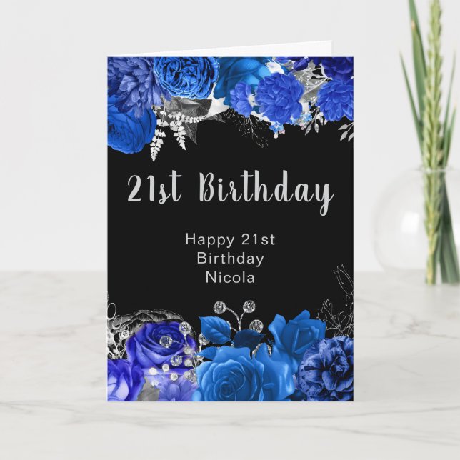 Tarjeta Elegant Blue and Silver Flowers Birthday Party (Anverso)