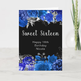 Tarjeta Elegant Blue and Silver Flowers Sweet Sixteen
