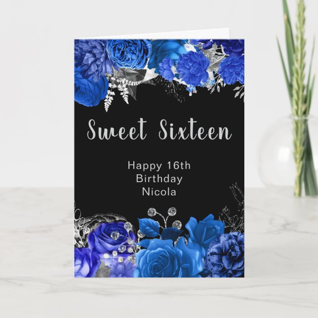 Tarjeta Elegant Blue and Silver Flowers Sweet Sixteen (Anverso)