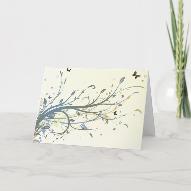 Tarjeta Elegant Blue Gold Floral Swirls with Butterflies (Anverso)