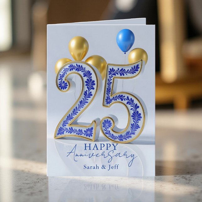 Tarjeta Elegant Blue Gold Ornate 25th Wedding Anniversary (Subido por el creador)