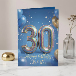 Tarjeta Elegant Blue Gold Sparkly Balloons 30th Birthday