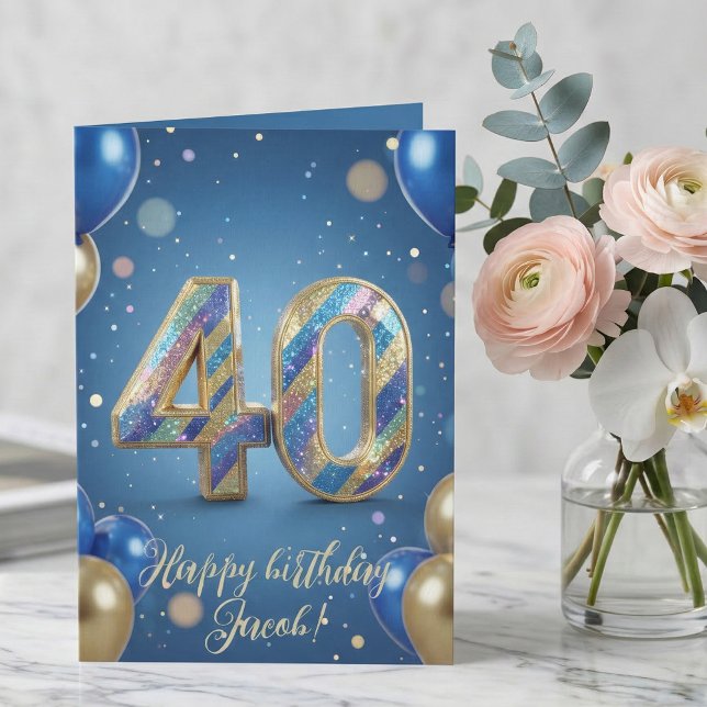 Tarjeta Elegant Blue Gold Sparkly Balloons 40th Birthday (Subido por el creador)