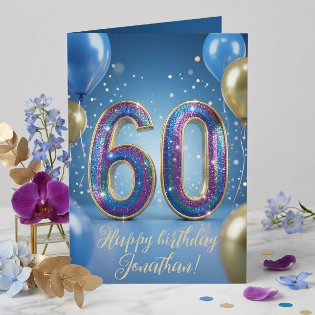 Tarjeta Elegant Blue Gold Sparkly Balloons 60th Birthday (Subido por el creador)
