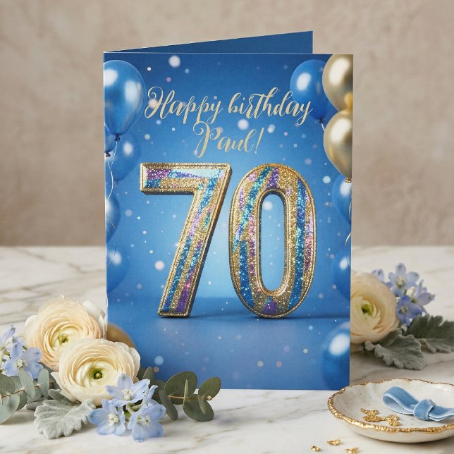 Tarjeta Elegant Blue Gold Sparkly Balloons 70th Birthday (Subido por el creador)