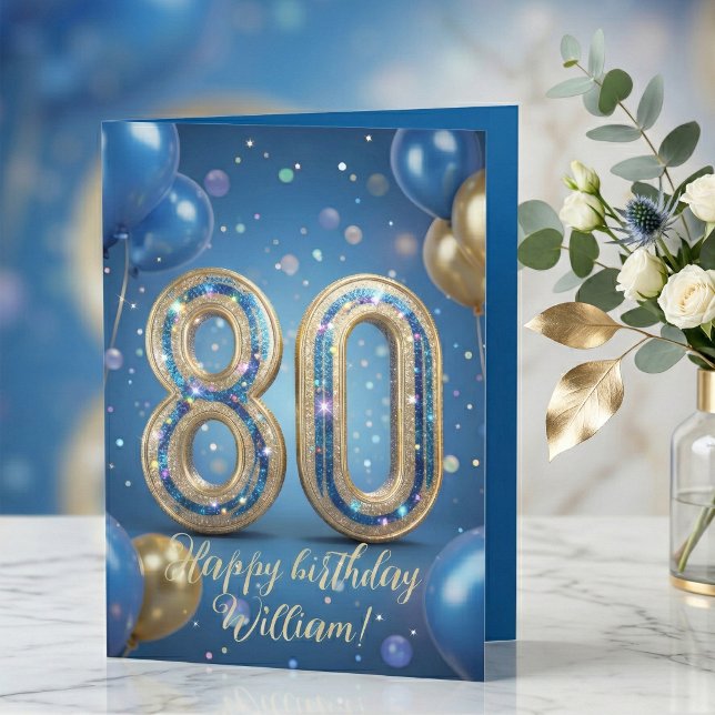 Tarjeta Elegant Blue Gold Sparkly Balloons 80th Birthday (Subido por el creador)