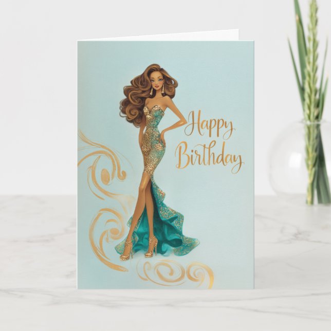 Tarjeta Elegant Brunette in Gold Teal Fashionista BDay (Anverso)