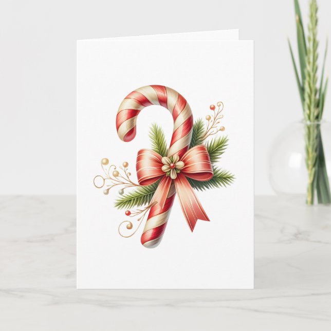 Tarjeta Elegant Candy Cane with Red Bow and Pine Sprigs (Anverso)