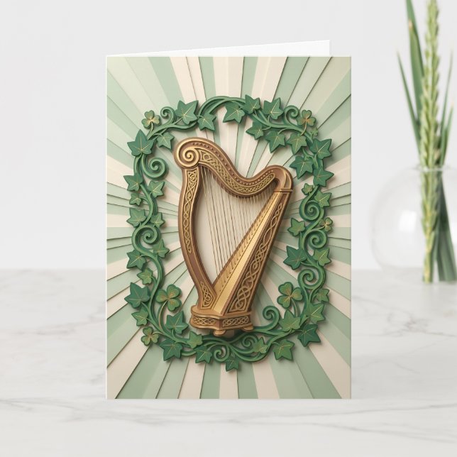 Tarjeta Elegant Celtic Harp Shamrock St Patricks Day (Anverso)
