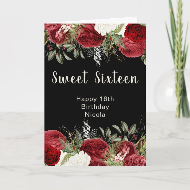 Tarjeta Elegant Christmas Red Flowers Sweet Sixteen (Anverso)