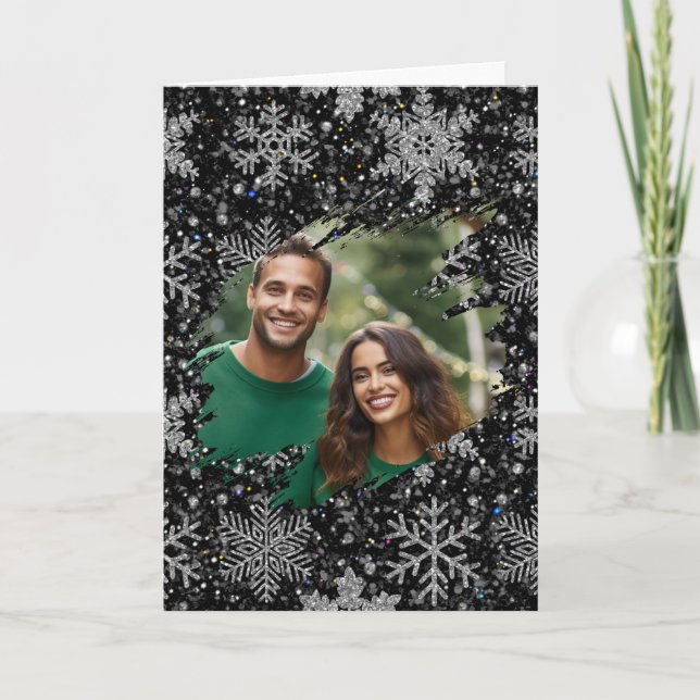 Tarjeta Elegant Christmas snowflakes personalize photo  (Anverso)