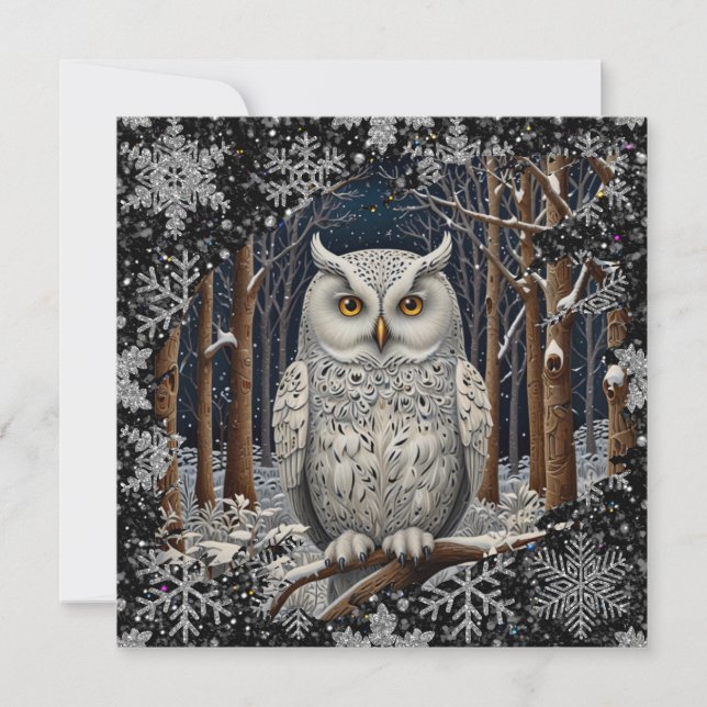 Tarjeta Elegant Christmas white owl woodland winter forest (Anverso)