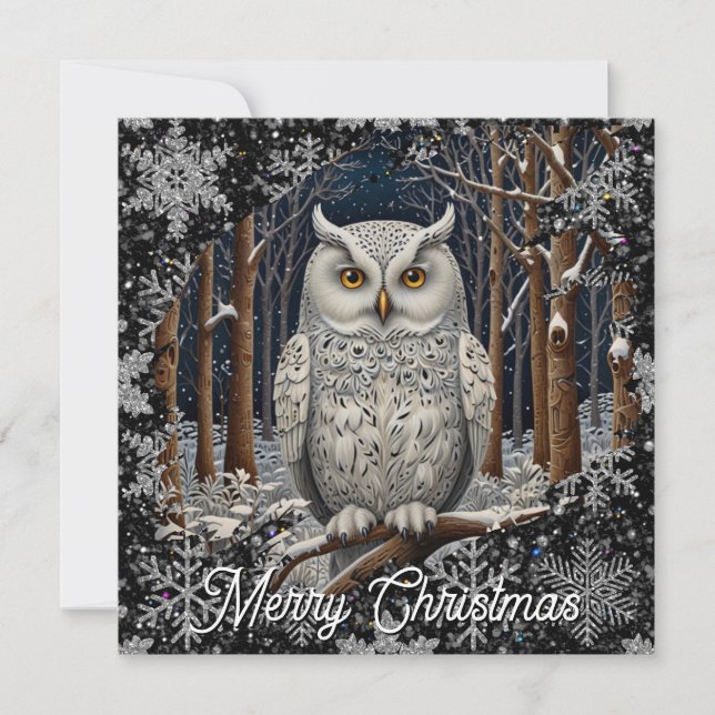 Tarjeta Elegant Christmas white owl woodland winter forest (Anverso)