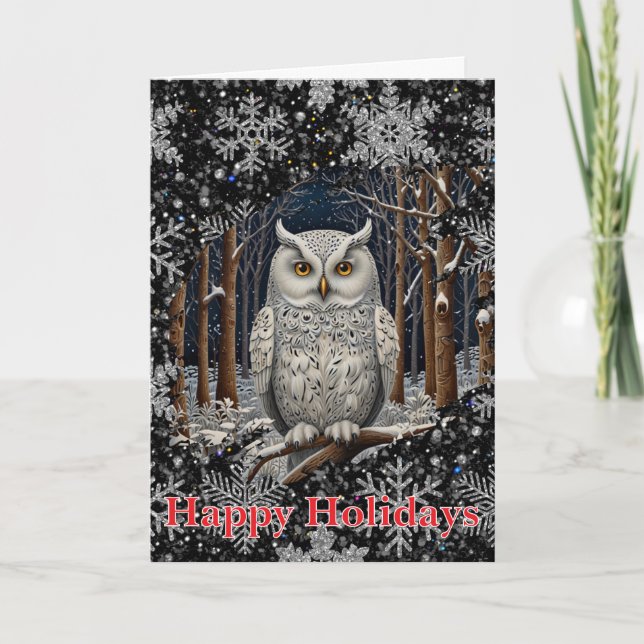 Tarjeta Elegant Christmas white owl woodland winter forest (Anverso)