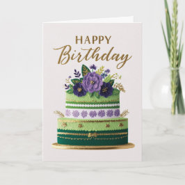 Tarjeta Elegant Floral Green Purple Gold Birthday Cake
