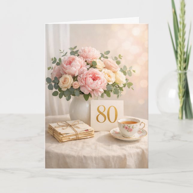Tarjeta Elegant Gold “80” Floral Tea Party 80th Birthday (Anverso)