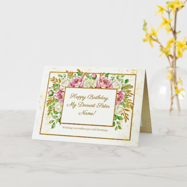 Tarjeta Elegant Gold Floral Glitter Personalized Birthday (flor amarilla)