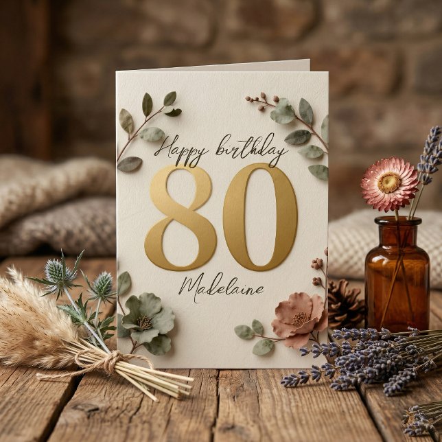 Tarjeta Elegant Gold Number Botanical Floral 80th Birthday (Subido por el creador)