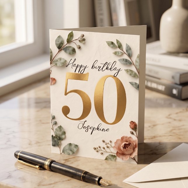 Tarjeta Elegant Gold Numbers Botanical 50th Birthday Card (Subido por el creador)