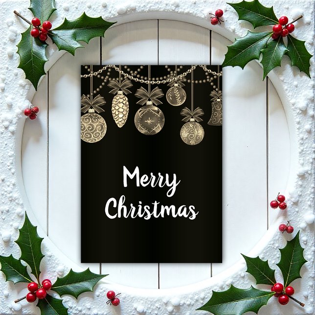 Tarjeta Elegant Golden Baubles on Black Christmas Card (Subido por el creador)