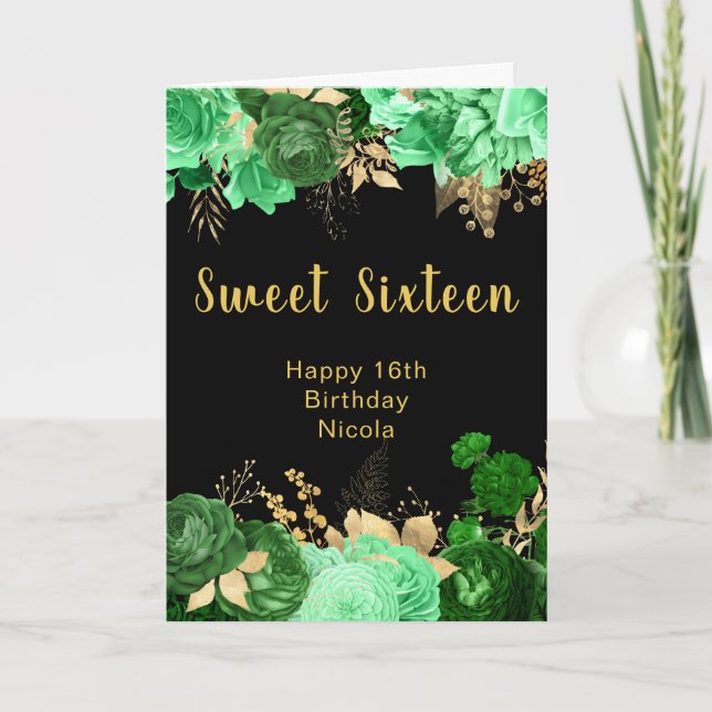 Tarjeta Elegant Green and Gold Flowers Sweet Sixteen (Anverso)